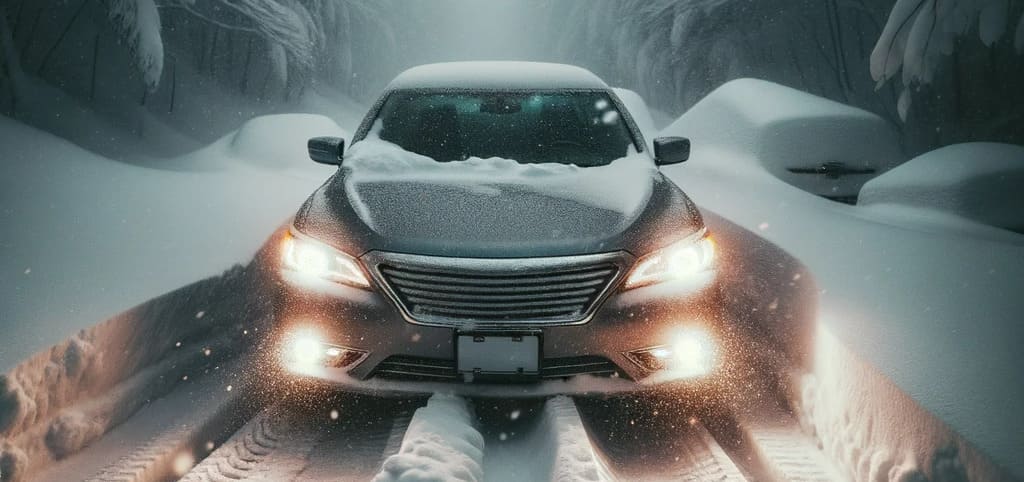 Coche en un camino totalmente nevado