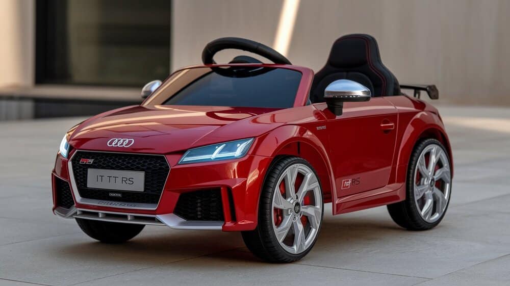 En la foto se ve un coche para niños en color rojo inspirado en la marca Audi