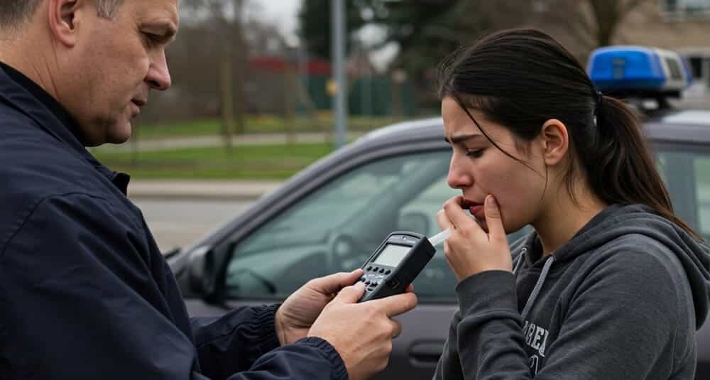 Un policía haciendo una prueba de alcohol a una chica para saber si sobrepasa la nueva tasa de alcohol de 2025
