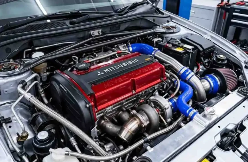 Detalle del motor 2.0 Turbo 4G63T de un Mitsubishi Lancer Evolution IX con tapa de culata en color rojo