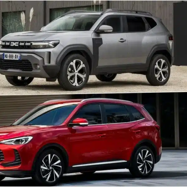 Comparativa visual entre el Dacia Duster gris arriba y el MG ZS Hybrid+ rojo abajo en un montaje fotográfico