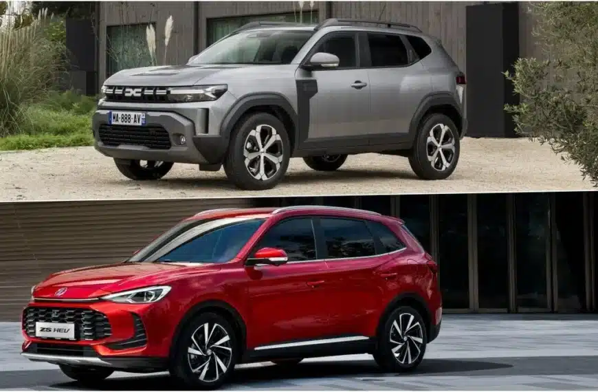 Comparativa visual entre el Dacia Duster gris arriba y el MG ZS Hybrid+ rojo abajo en un montaje fotográfico