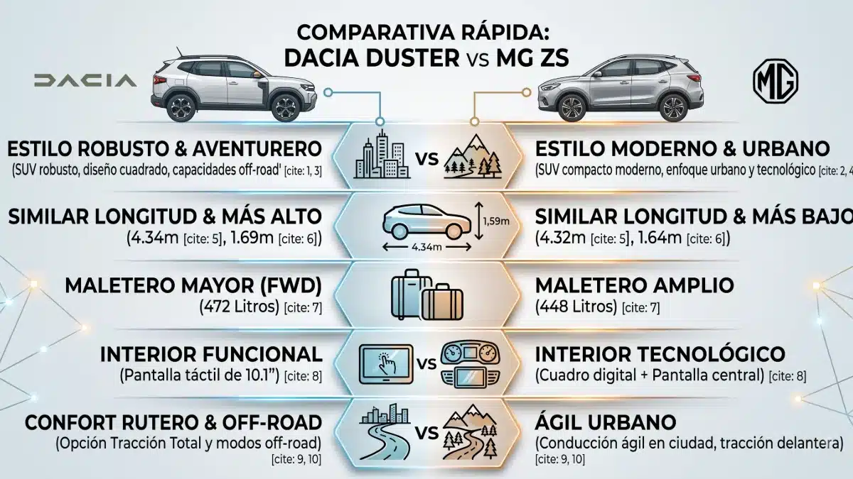 Infografía comparativa entre el Dacia Duster y el MG ZS con diferencias en estilo, dimensiones, capacidad de maletero, tecnología interior y comportamiento.