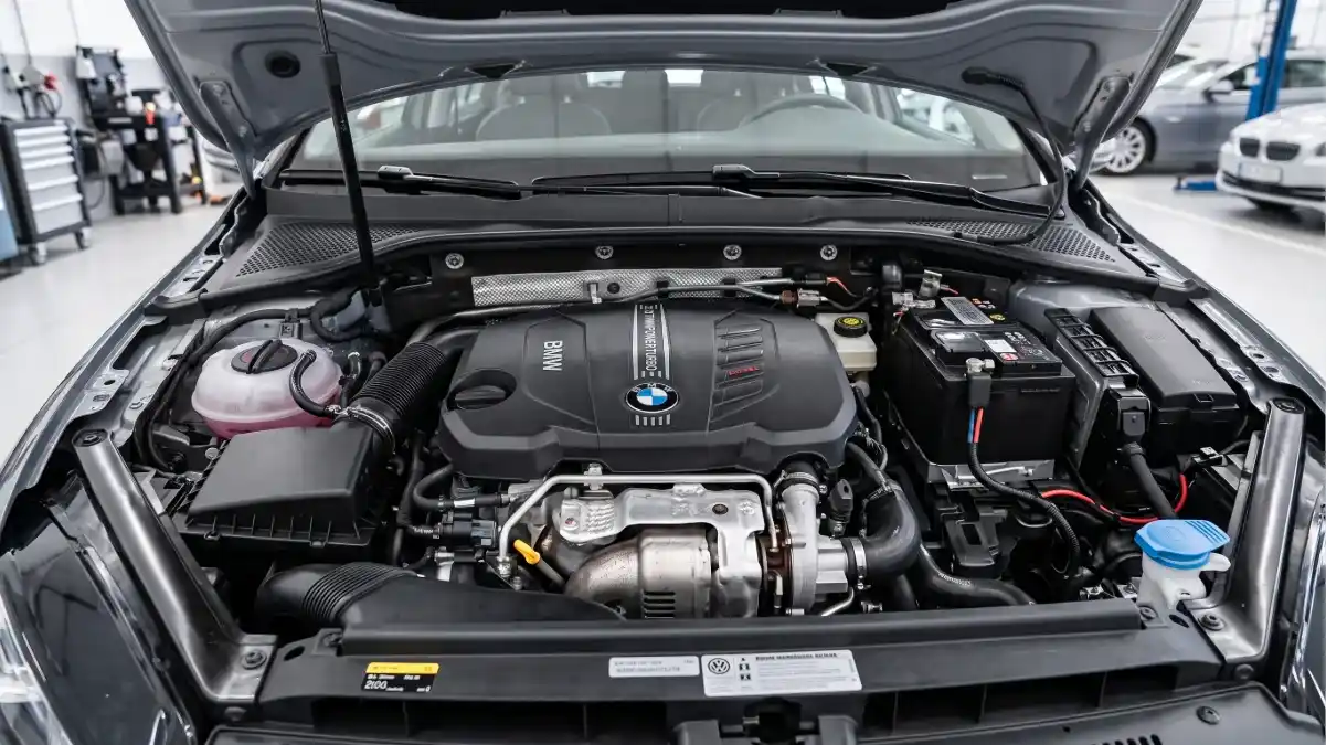 Detalle del bloque de motor 2.0 turbodiésel de 150 CV en el vano de un compacto de reestreno