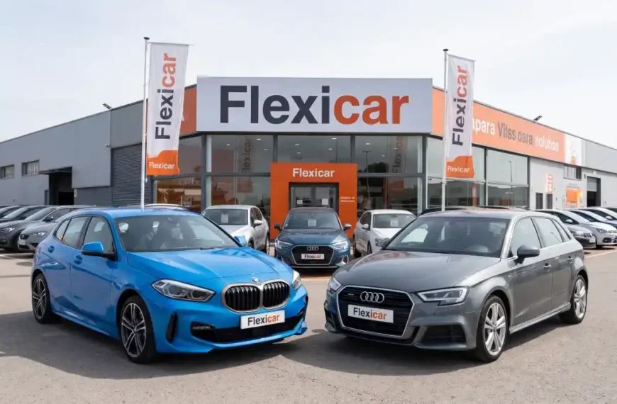 BMW 118d M Sport azul y Audi A3 Sportback 35 TDI S-Line gris aparcados juntos en un centro Flexicar