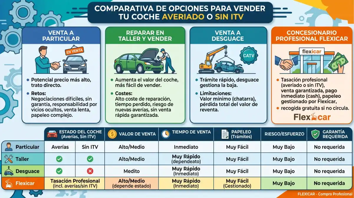 Comparativa gráfica de opciones para vender un coche averiado: particular vs desguace vs Flexicar.