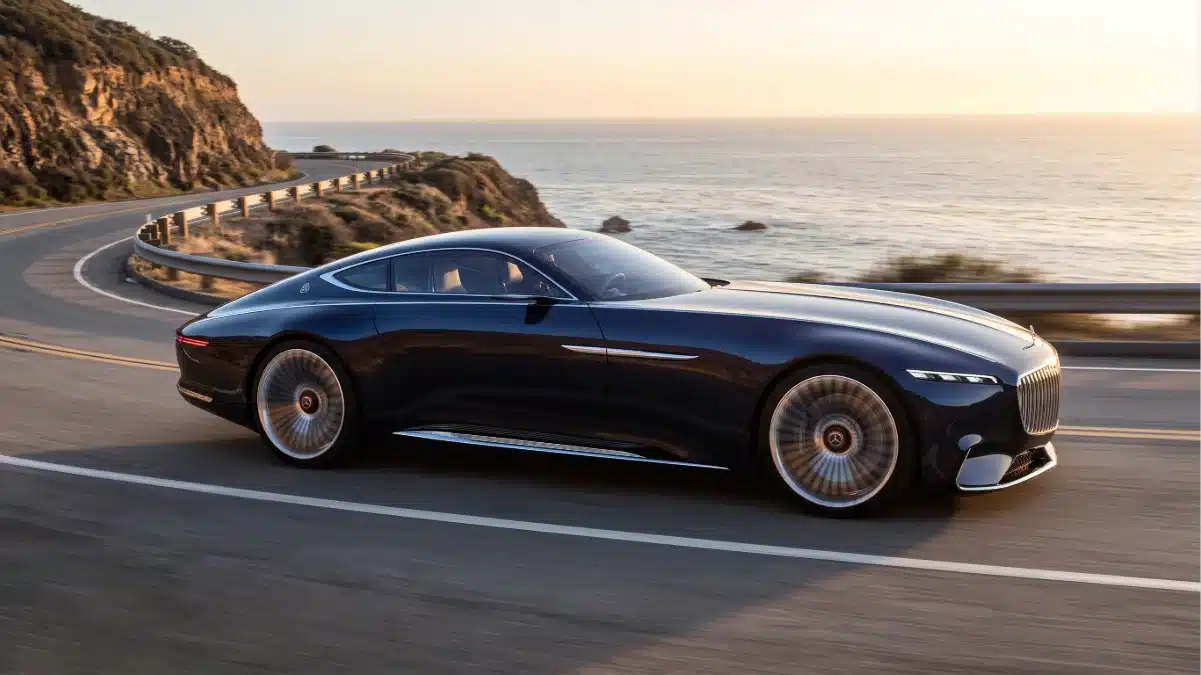 Perfil lateral del Mercedes-Benz Vision Iconic gran coupé mostrando su largo capó y silueta aerodinámica