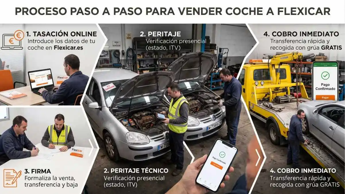 Infografía del proceso de venta de un coche averiado a Flexicar en cuatro pasos sencillos.