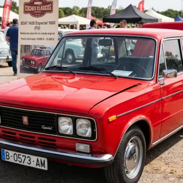SEAT 1430 clásico de color rojo aparcado en una calle adoquinada mostrando sus característicos faros dobles cuadrados
