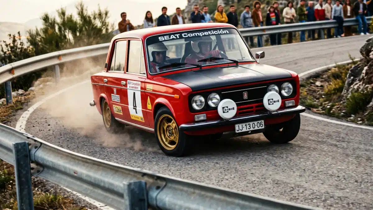 SEAT 1430 Especial FU preparado para rallyes con faros auxiliares compitiendo en un tramo de montaña