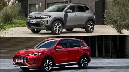 Comparativa visual entre el Dacia Duster gris arriba y el MG ZS Hybrid+ rojo abajo en un montaje fotográfico